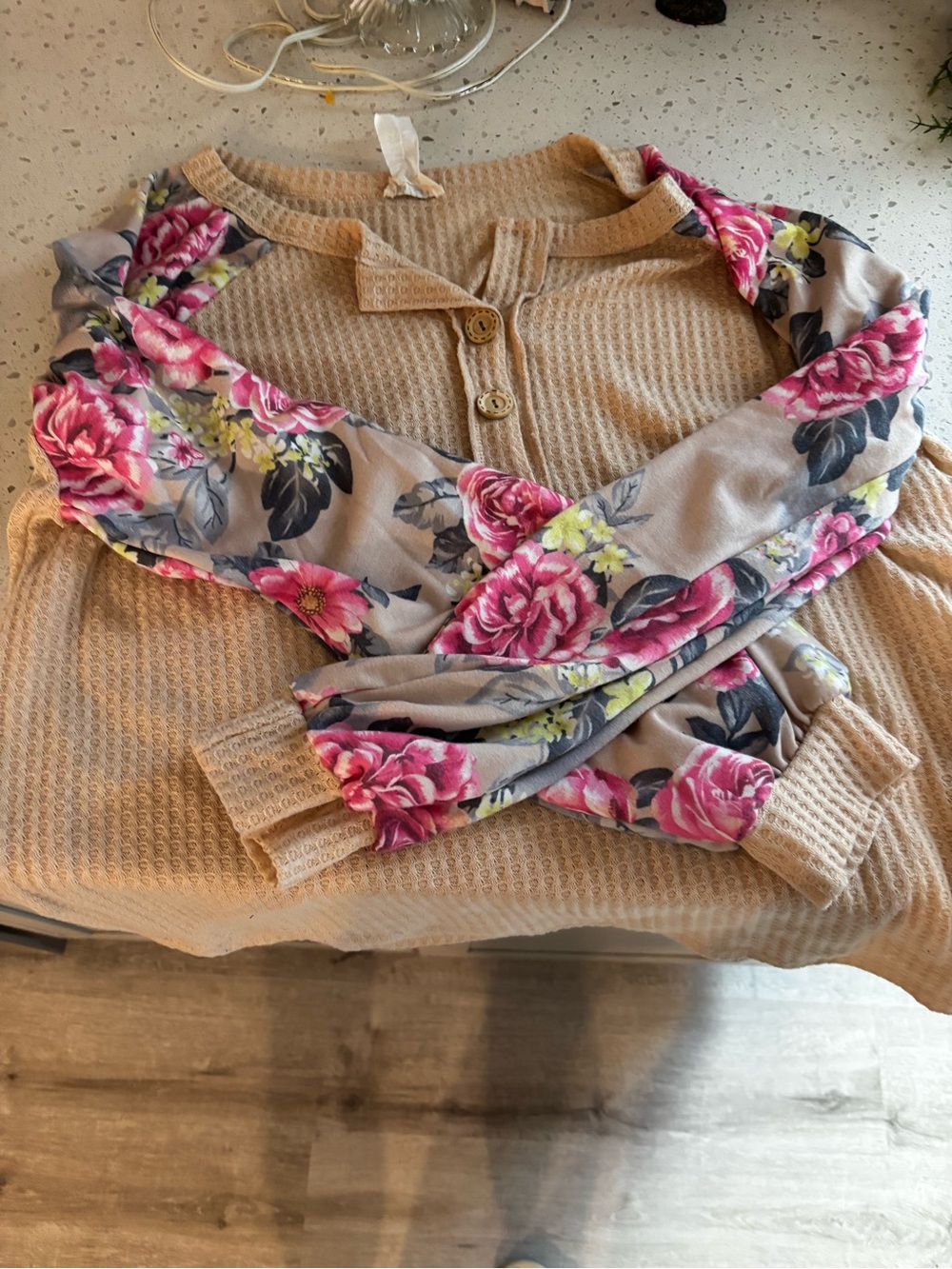 BiBi Beige Waffle Knit Sweater with Pink Floral Accent Sleeves
